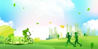 绿色渐变骑行跑步草地树纸飞机绿色健康展板背景